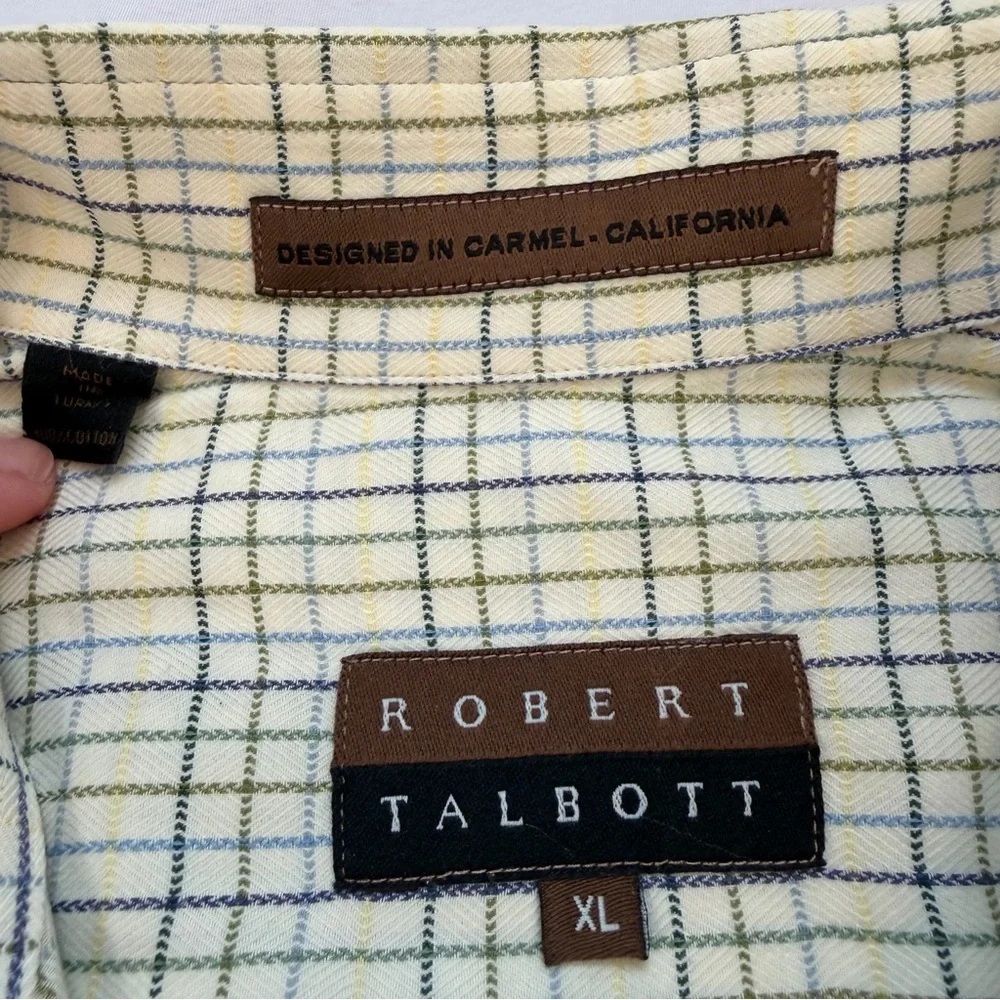 Robert Talbott XL Cream Green Blue Check Button Down Shirt Cotton Top